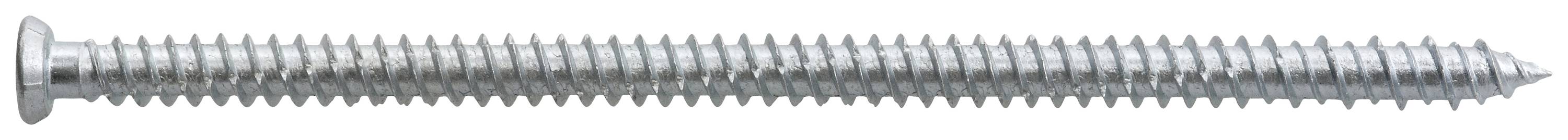 Ein silberner Metallbolzen mit durchgehendem Gewinde, flachem Kopf und spitzem Ende, vor weißem Hintergrund.