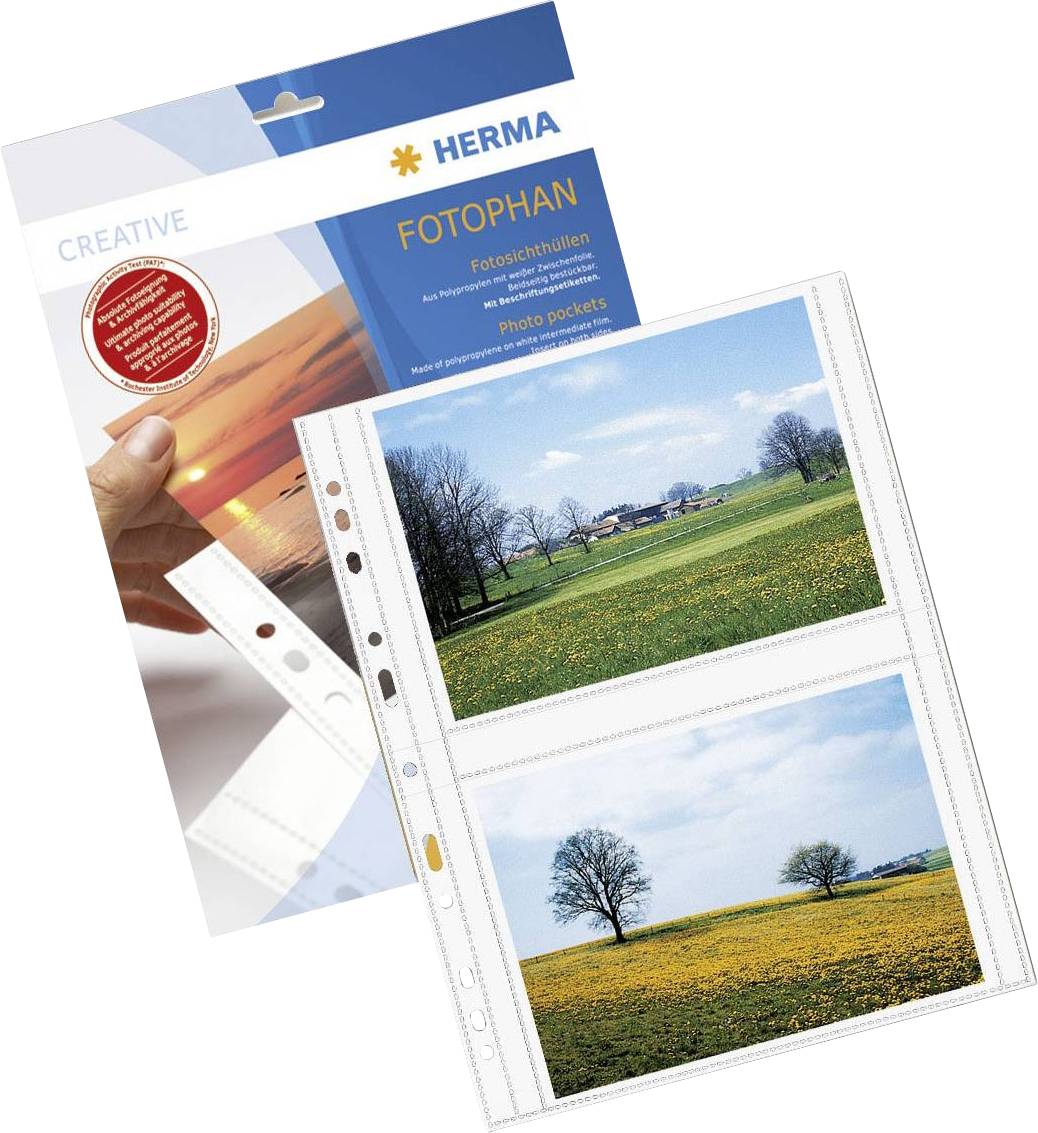 'Herma Fotophan Fotoeinlagen', gezeigt werden zwei beidseitig bedruckte Fotohüllen, mit Fotos von Landschaften in unterschiedlichen Jahreszeiten.