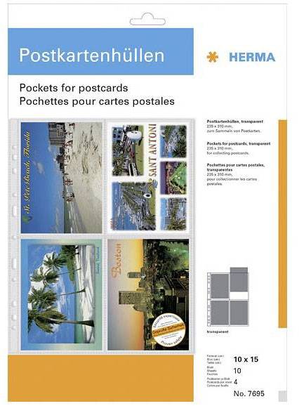 Postkartenhüllen-Verpackung von Herma, zeigt Beispiele von Postkartenarrangements. Hält 10x15 cm Karten, 10 Stück, transparent.