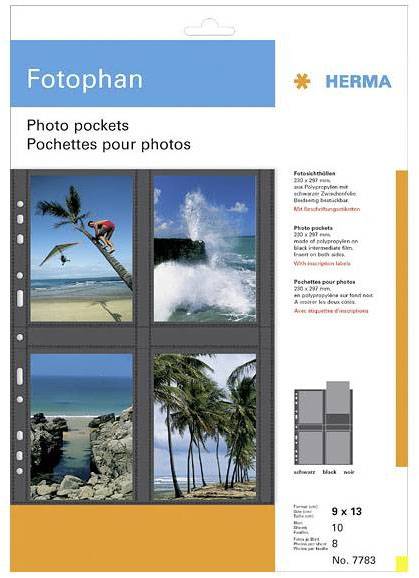 Foto-Taschen von Fotophan, geeignet für 9 x 13 cm Fotos. Verpackung zeigt Tropenbilder, 10 Taschen, 8 Fotos pro Tasche.