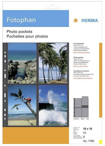 Fotoalbum-Hülle mit vier Fotos. Oben: Strand mit Felsen, Palmen am Meer. Unten: Surfer in Aktion, Wellen an Felsen. Text: 'Fotopockets'.