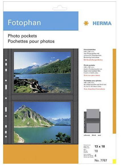 Fotoalbum-Seite mit zwei Fototaschen für Fotos im Format 13 x 18 cm. Landschaftsbilder mit Bergen und See auf der Verpackung.