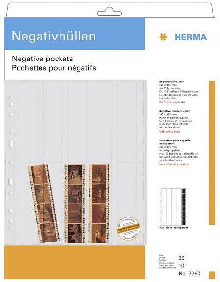 'Negativhüllen, klar, 25 Stück. Geeignet für Kleinbildfilm. Mit Eurolochung. Schützhülle für Filmnegative.' Verpackung mit Beispielbild von eingelegtem Negativstreifen.
