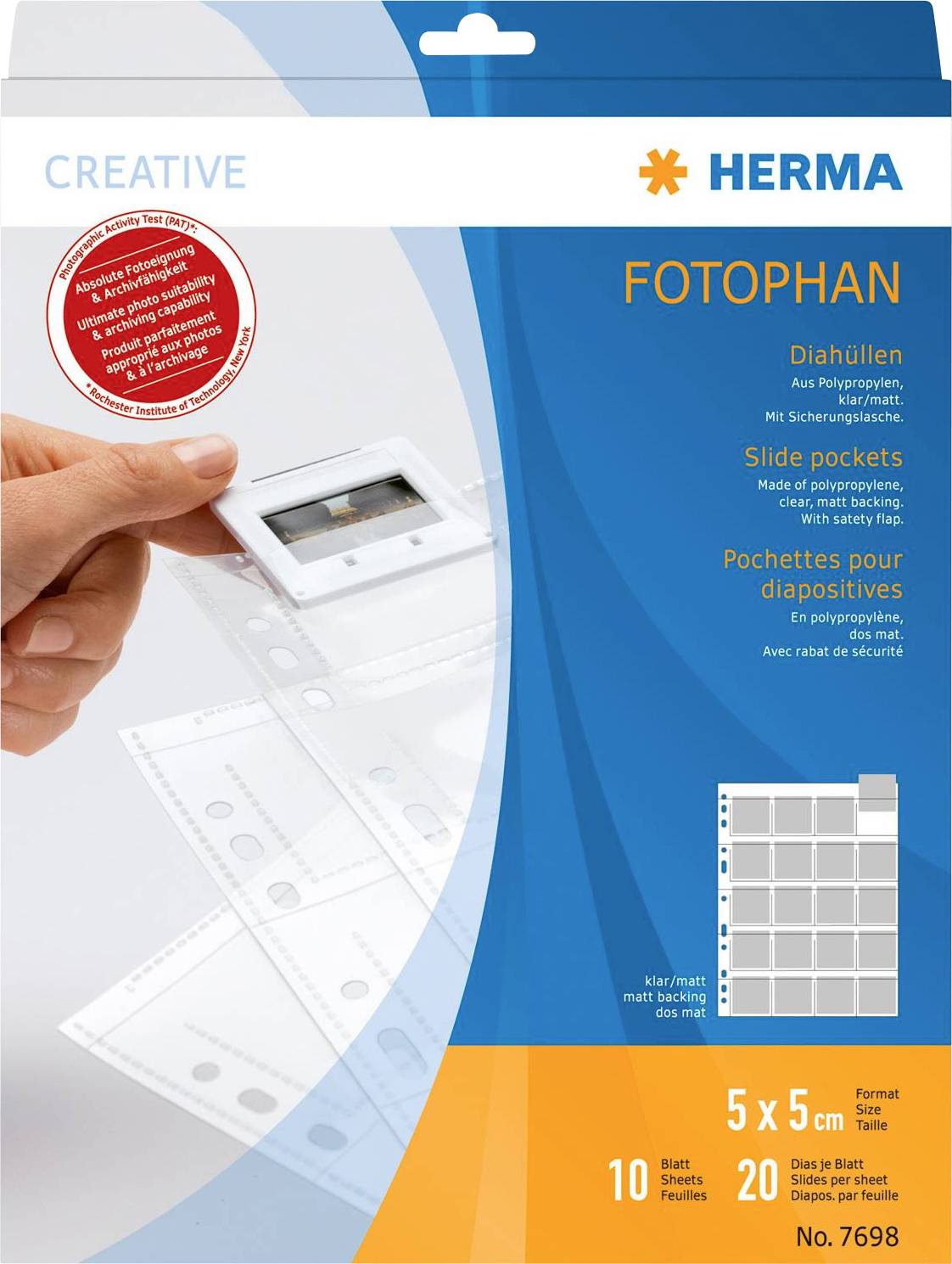 Diaaufbewahrungstaschen von HERMA, Format 5x5 cm, für Dias, transparent. Packung enthält 10 Blatt für insgesamt 200 Dias.