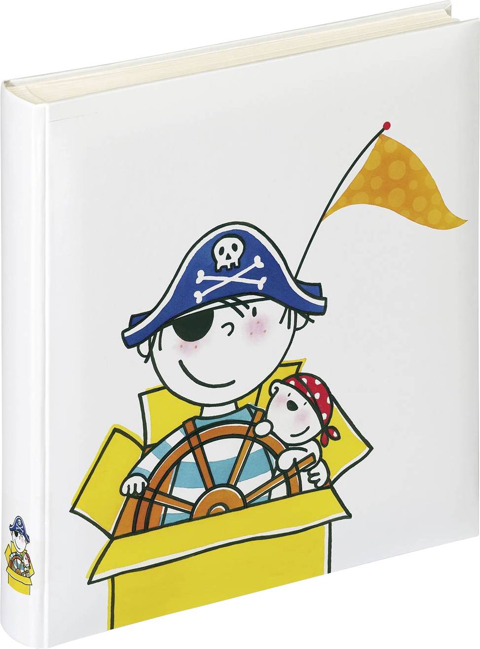 Ein illustriertes Kinderbuch mit einem Piratenjungen in einer Kiste, der ein Steuerrad hält. Eine orange Fahne ist an der Kiste.