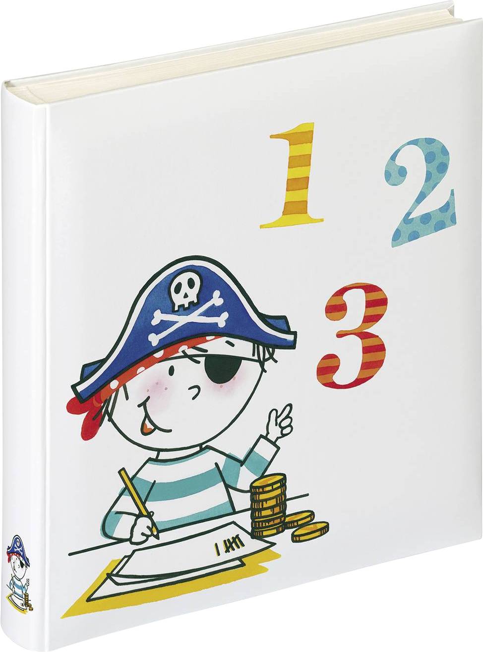 Ein illustriertes Kinderbuch mit einem Piratenjungen, der an einem Tisch sitzt. Auf dem Cover sind die Zahlen '1', '2', '3' abgebildet.