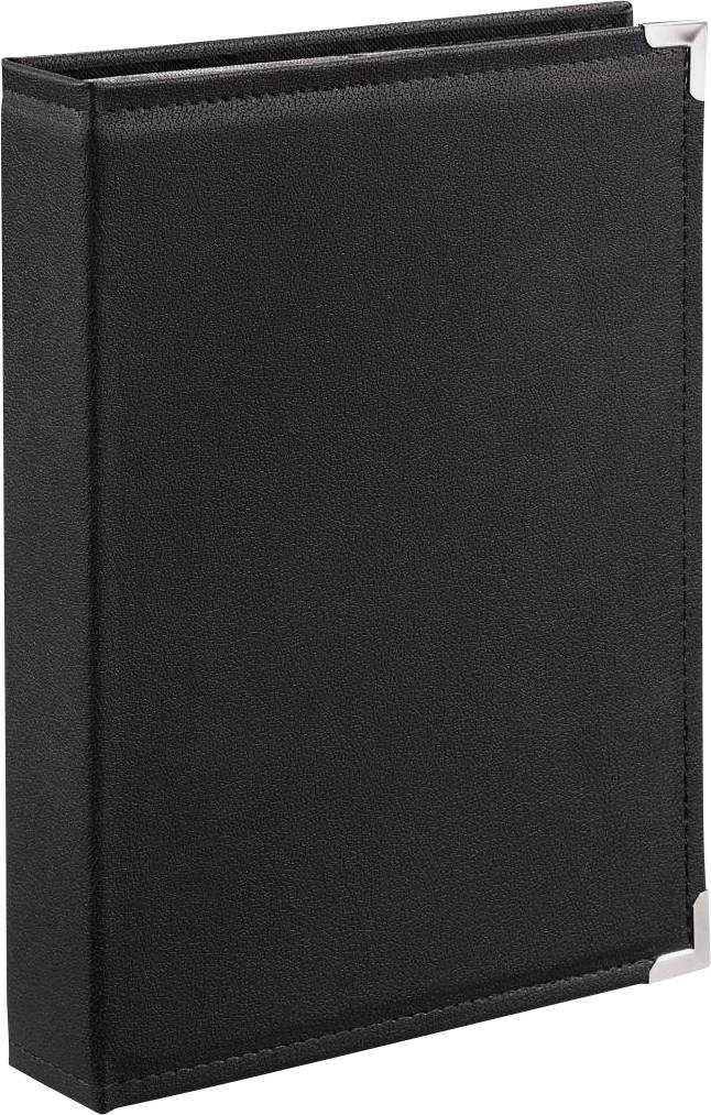 Schwarzer, geschlossener Ordner mit silbernen Metallecken.