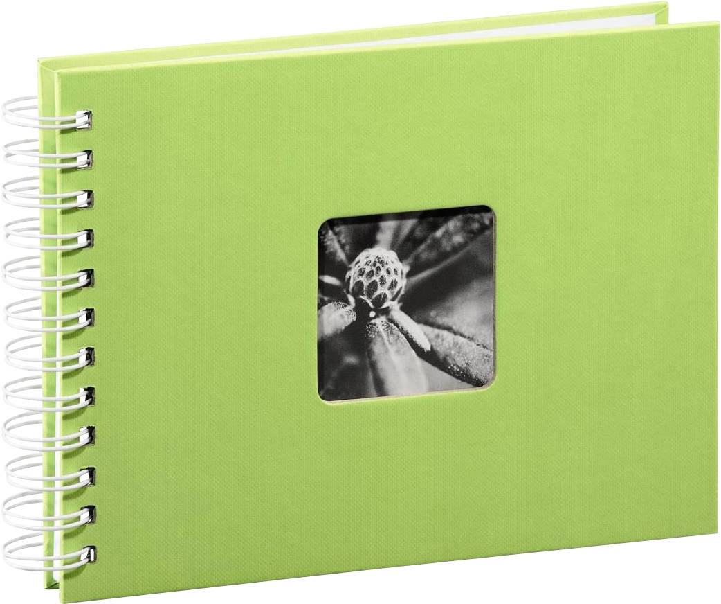 Grünes Ringbuch-Notizbuch mit quadratischem Fenster, das ein schwarz-weißes Makrofoto einer Pflanze zeigt.