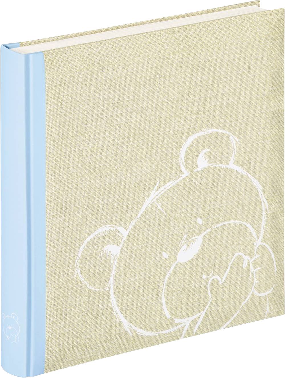 Ein beige Notizbuch mit blauer Bindung, das einen gezeichneten Teddybär auf dem Cover zeigt. Ideal für Notizen oder Skizzen.