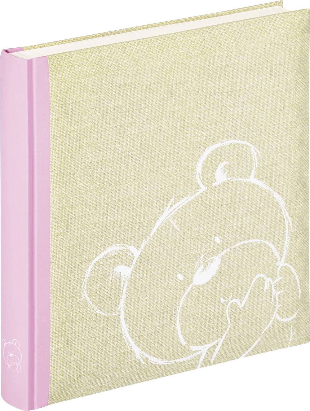 Fotoalbum mit rosa Rücken und einem weißen Bärenmotiv auf dem beigen Einband. Ideal für Babyfotos oder als Geschenk.