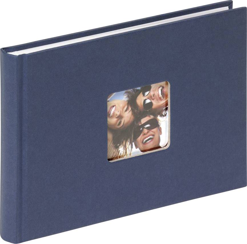 Ein blaues Fotoalbum mit einem quadratischen Bildausschnitt auf dem Cover. Im Ausschnitt sind drei lächelnde Personen zu sehen.
