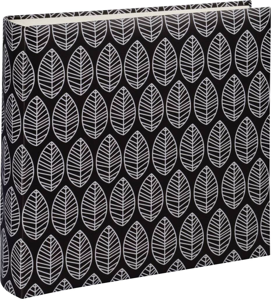 Ein schwarzer Notizblock mit einem wiederholten weißen Blattmuster auf dem Einband.