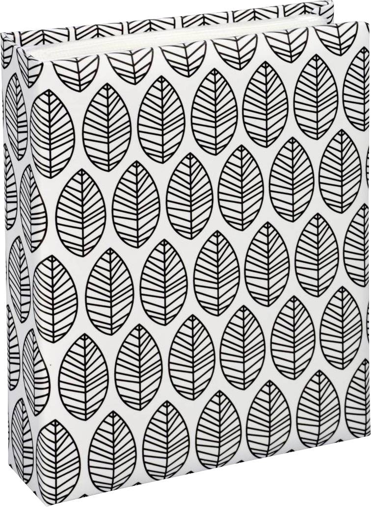 Buch mit weißem Umschlag und schwarzem Blätterdesign.