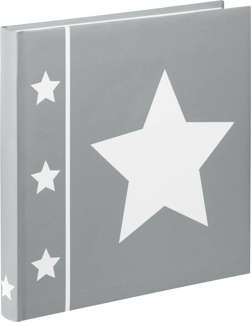 Ein graues Fotoalbum mit einem großen weißen Stern auf dem Cover und drei kleineren Sternen am Rand.