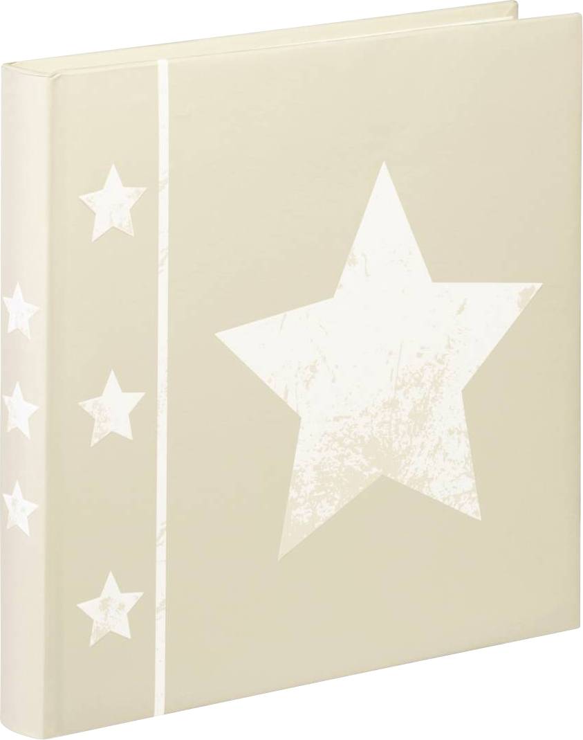 Beiges Fotoalbum mit großen weißen Sternen auf dem Cover, drei kleinere Sterne links; geeignet zur Aufbewahrung von Erinnerungen.