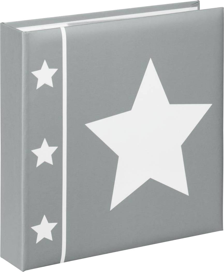 Graues Fotoalbum mit drei kleinen und einem großen weißen Stern auf dem Cover, geeignet zur Aufbewahrung von Fotografien.