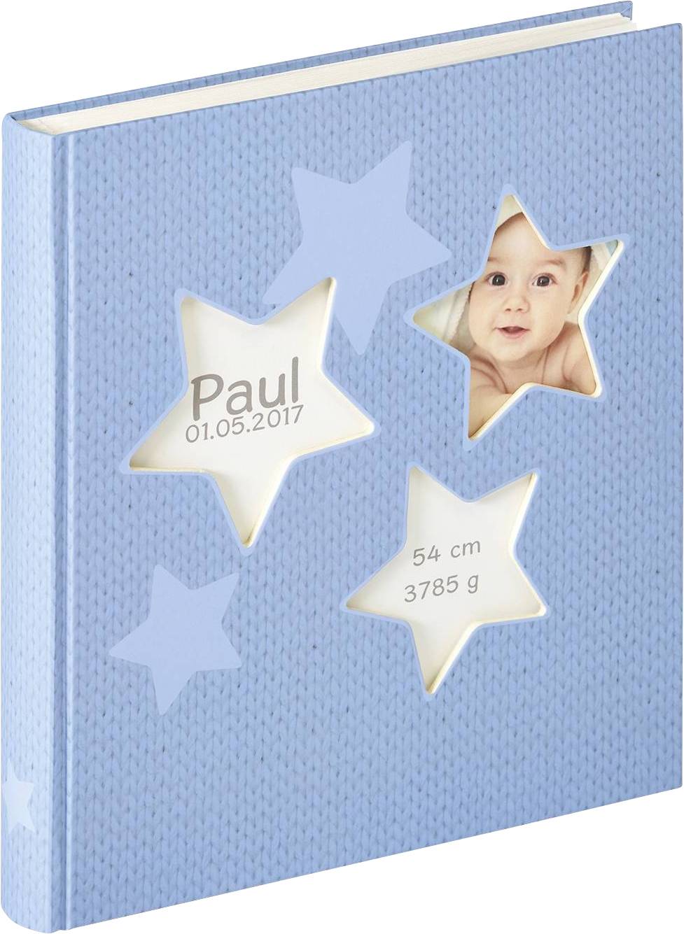 Blaues Fotoalbum mit Sternenausschnitten. Enthält Babyfoto und Texte: 'Paul, 01.05.2017', '54 cm', '3785 g'.