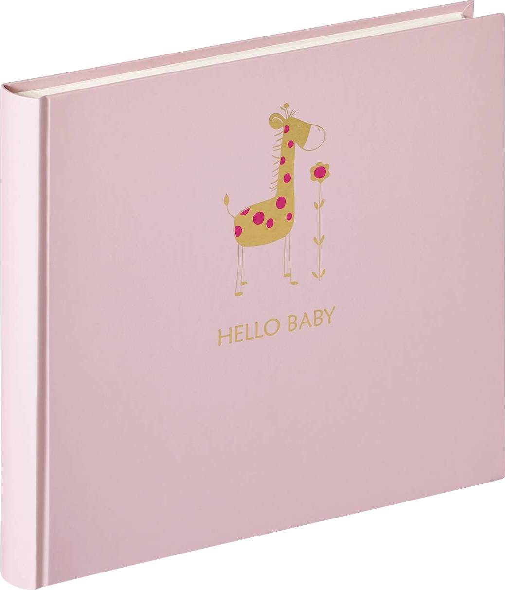 Rosa Babyalbum mit einer Illustration einer lächelnden Giraffe neben einer Blume; darunter steht der Text 'HELLO BABY'.