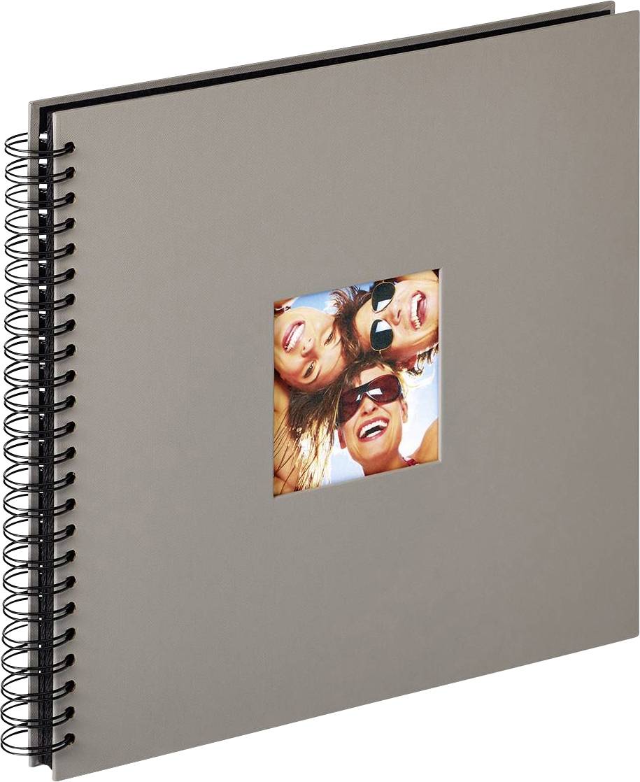 Spiralgebundenes Fotoalbum mit grauem Einband. Auf dem Cover ist ein kleines quadratisches Foto von drei lachenden Personen abgebildet.