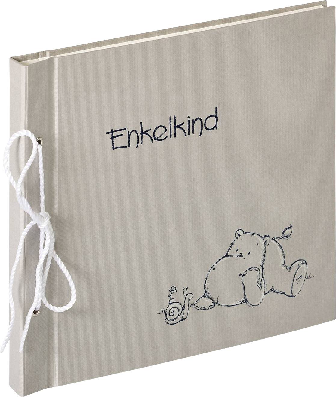 Ein quadratisches Fotobuch mit dem Titel 'Enkelkind'. Auf dem Cover ist eine Zeichnung eines sitzenden Nilpferds neben einer Schnecke.