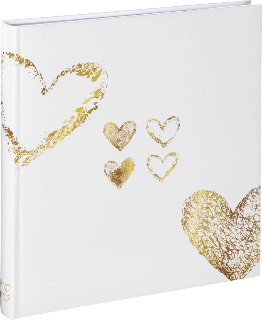 Ein Notizbuch mit weißen Umschlag und goldenen Herzmotiven verschiedener Größen.