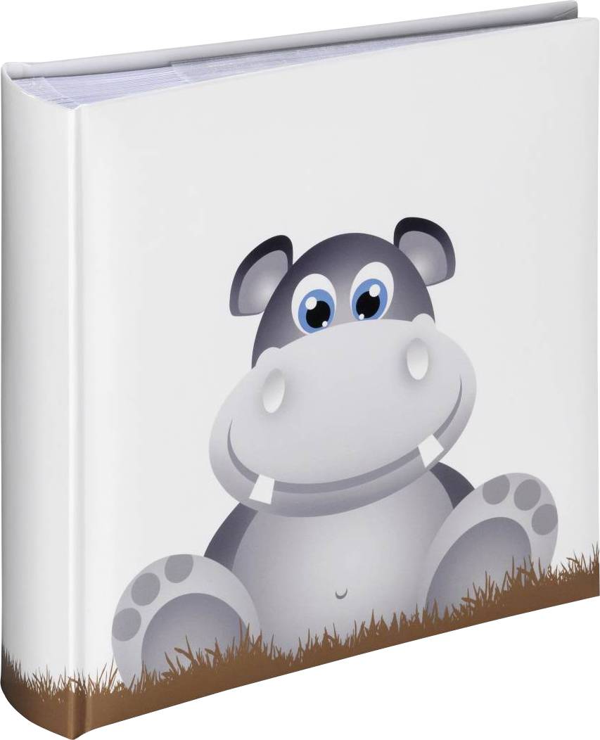 Ein Fotoalbum mit einem lächelnden Nilpferd auf dem Cover, das auf einer Wiese sitzt.