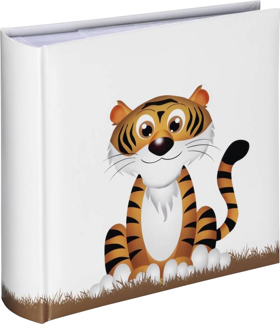 Kinderfotoalbum mit einem illustrierten, lächelnden Tiger auf dem Cover. Der Tiger hat orangefarbene Streifen und sitzt auf Gras.