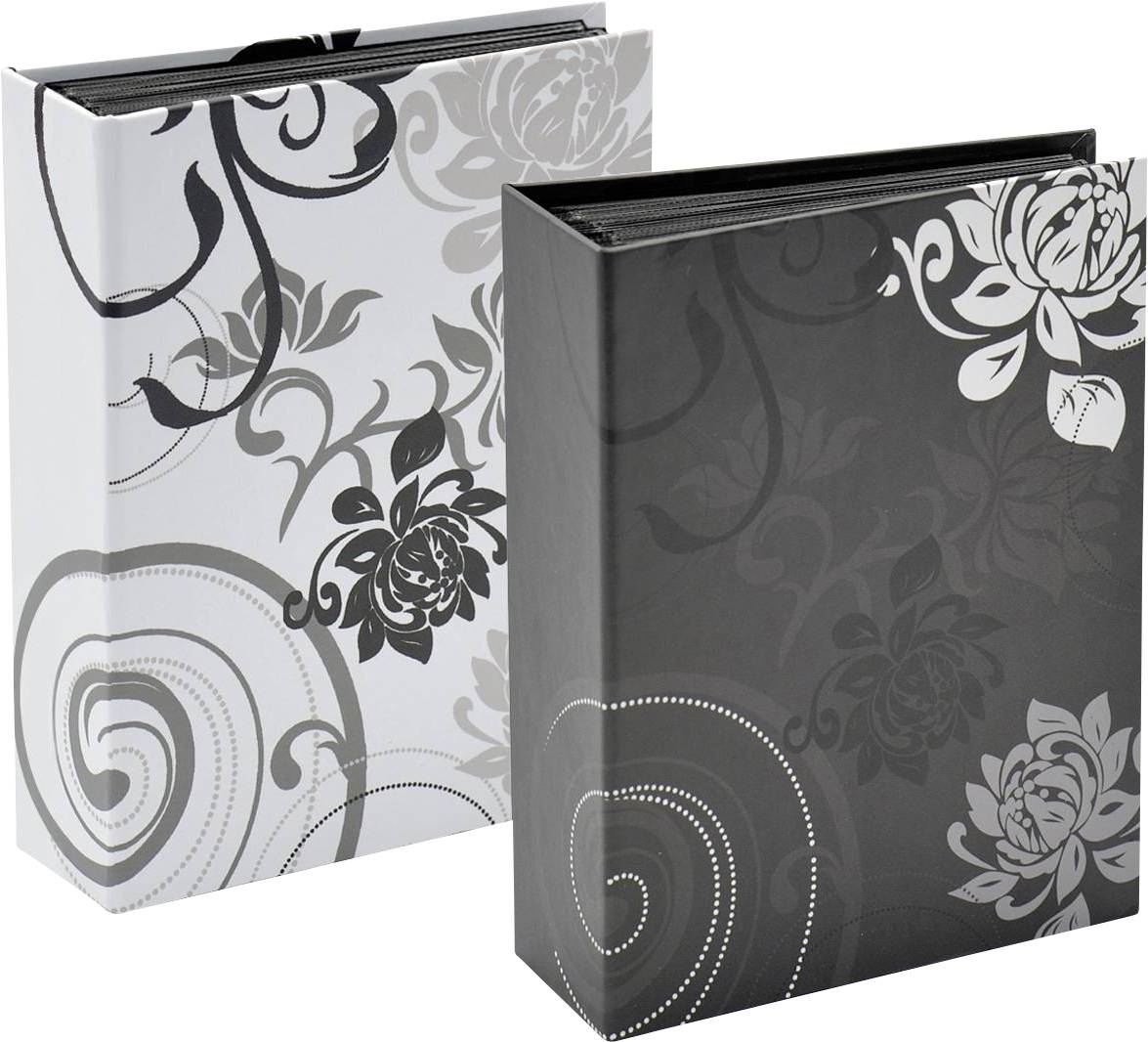 Zwei dekorative Ordner mit floralen Mustern, einer in Weiß und einer in Schwarz, stehen aufrecht nebeneinander.