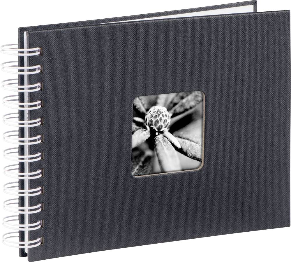 Schwarzes Spiralalbum mit quadratischem Ausschnitt auf dem Cover, zeigt ein Schwarzweißfoto einer Pflanze. Ideal zum Sammeln von Fotos.