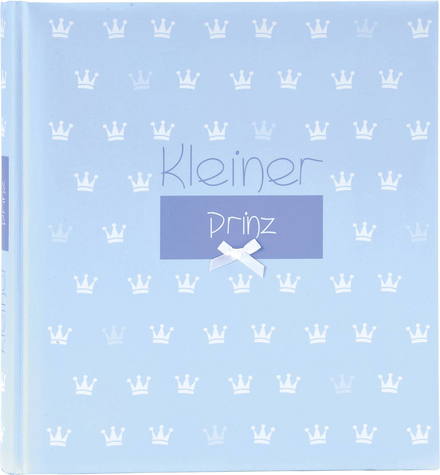 Hellblaue Buchhülle mit weißen Kronenmustern. In der Mitte steht 'Kleiner Prinz' in blauer Schrift, verziert mit einer kleinen weißen Schleife.