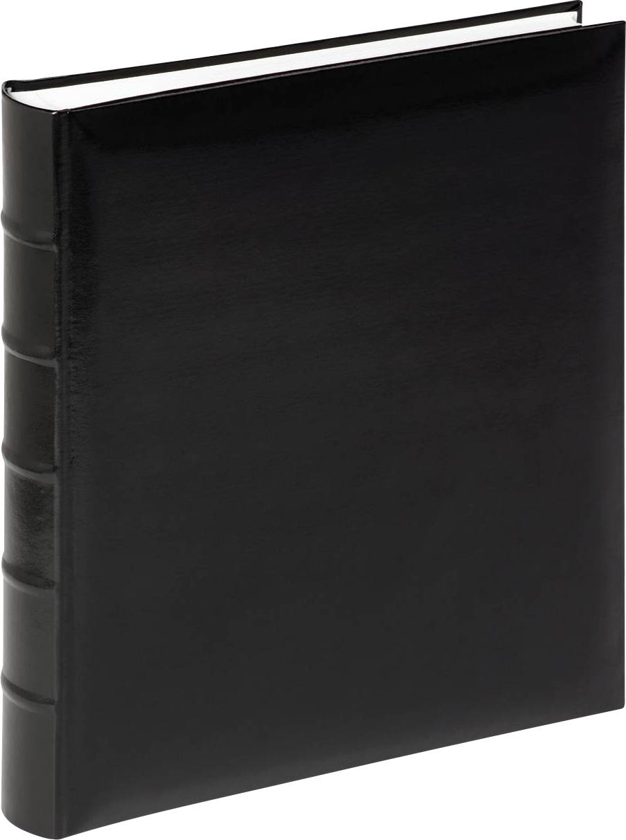 Schwarzes leeres Fotoalbum mit Ledereinband, geschlossen und stehend.