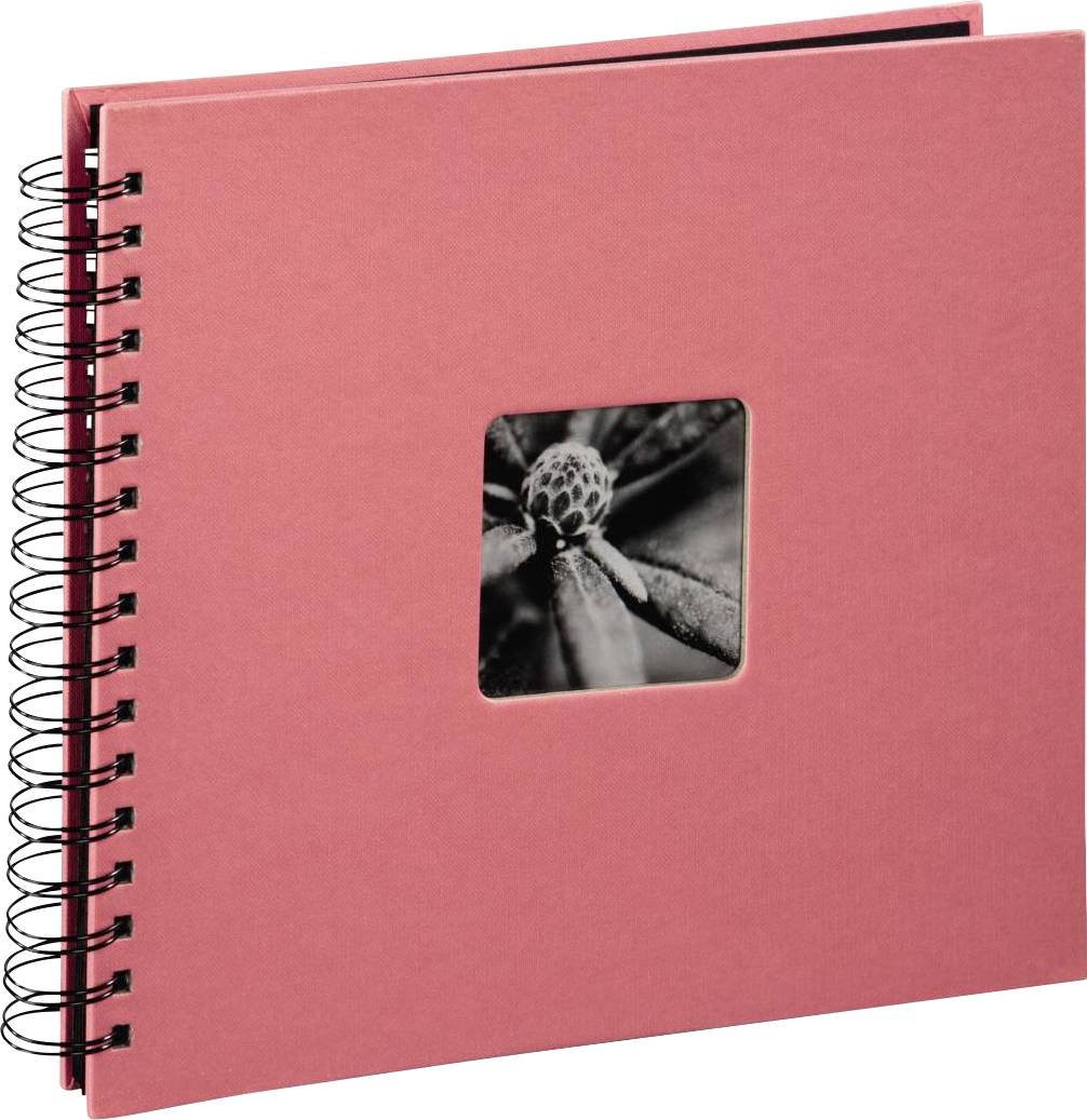 Rotes Spiralalbum mit schwarzem Foto eines Pflanzenblatts auf dem Cover.