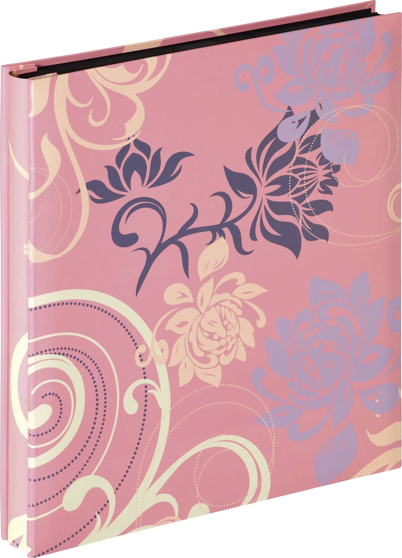 Ein rosa Fotoalbum mit floralem Muster in Lila- und Cremetönen, verziert mit stilisierten Blumen und Wirbelmustern.
