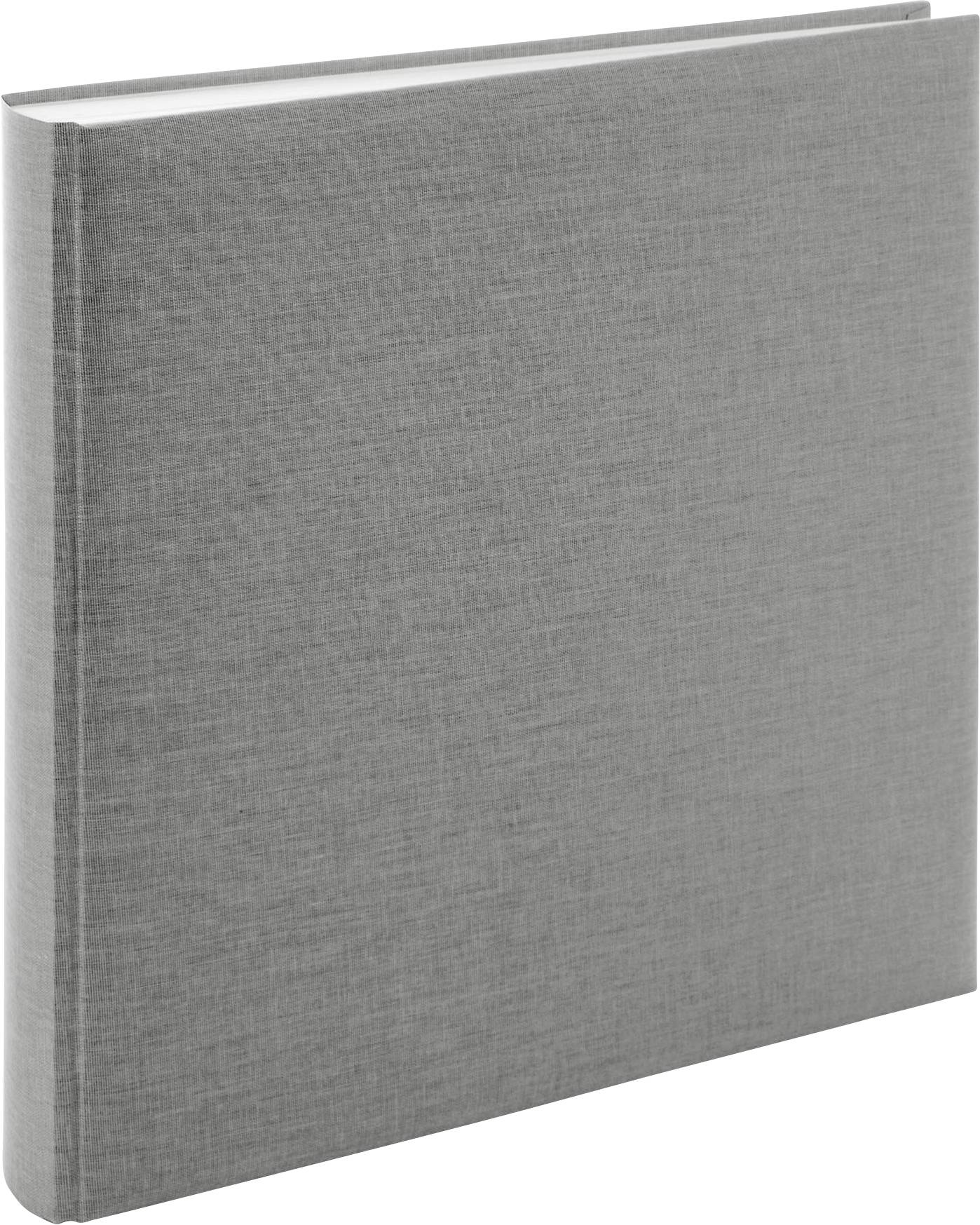 Graues, quadratisches Fotoalbum mit Leinenstruktur auf dem Cover, geschlossen, vor weißem Hintergrund.
