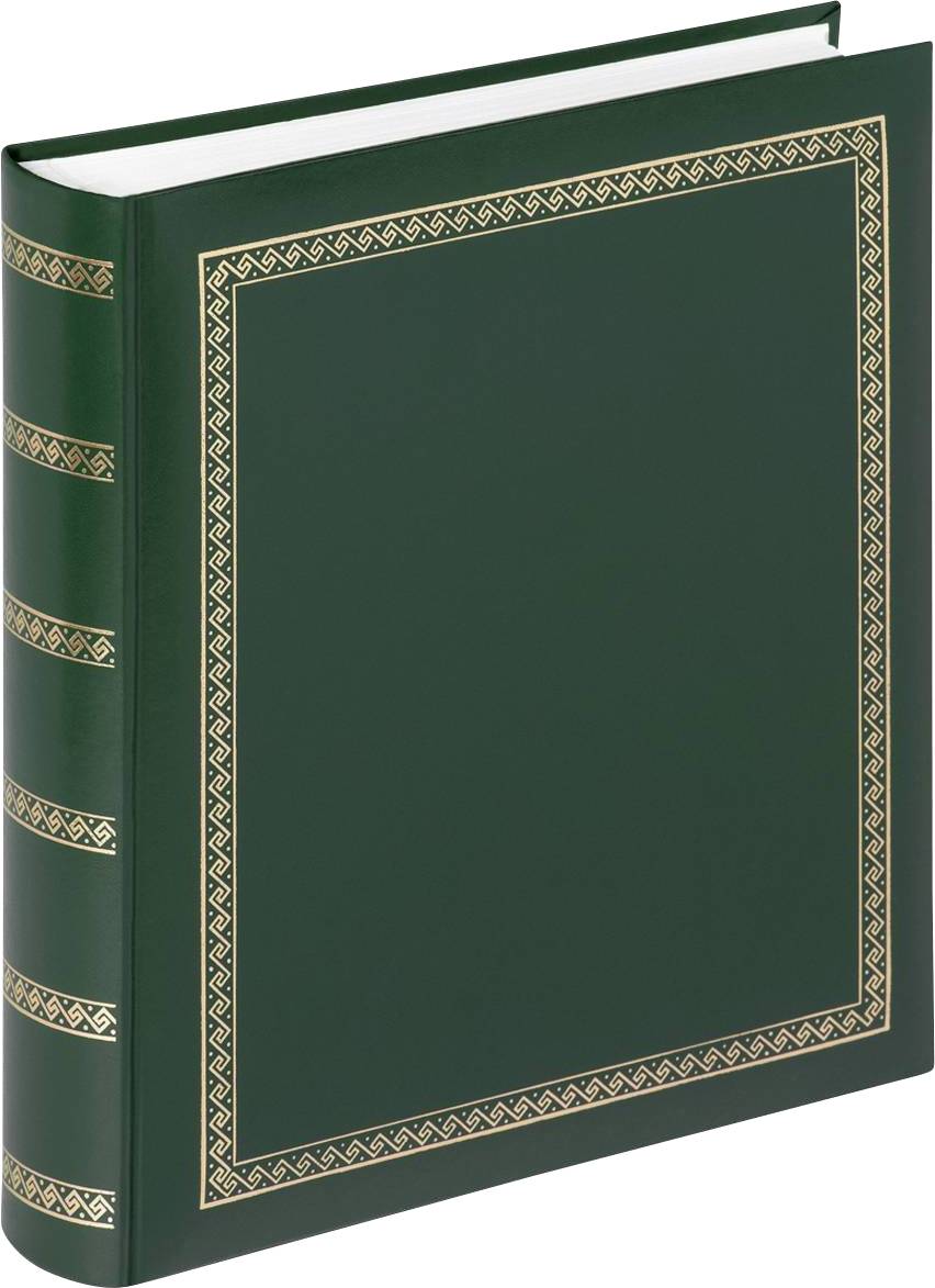 Ein großes, geschlossenes Fotoalbum mit dunkelgrünem Einband und goldenen Verzierungen an den Kanten und auf dem Rücken.