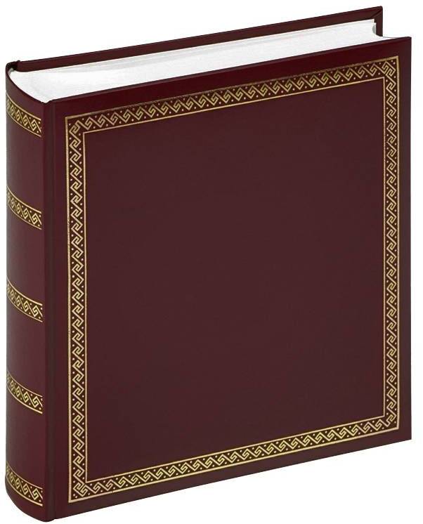 Rotes Fotoalbum mit goldenen Verzierungen an den Rändern. Es ist geschlossen und hat ein dekoratives Muster auf dem Einband.