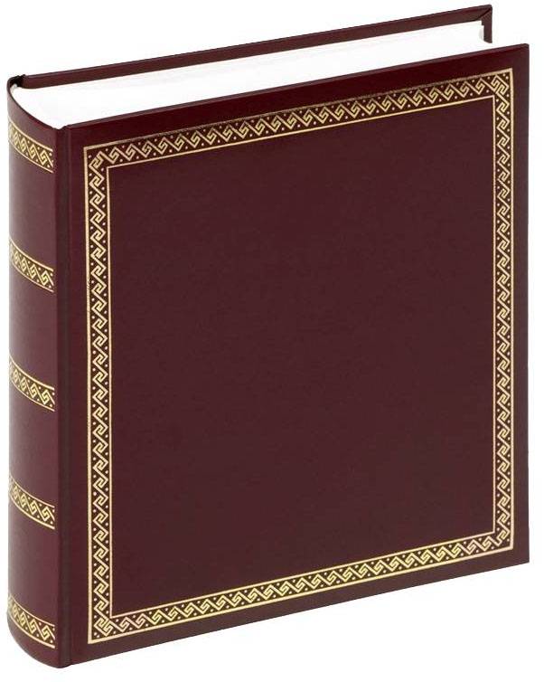 Dunkelrotes Fotoalbum mit goldenen Verzierungen am Rand und auf dem Rücken. Das Album ist geschlossen und steht im Profil.