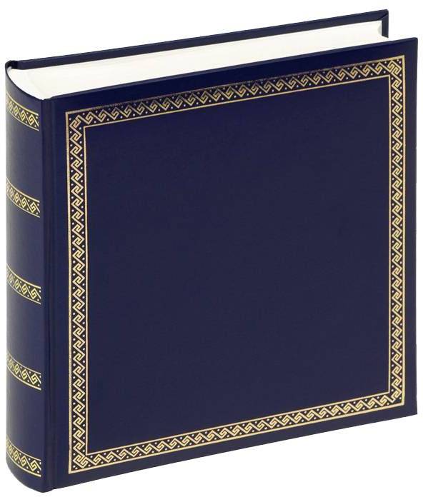Dunkelblaues, dekoriertes Fotoalbum mit goldenen Mustern am Rand.