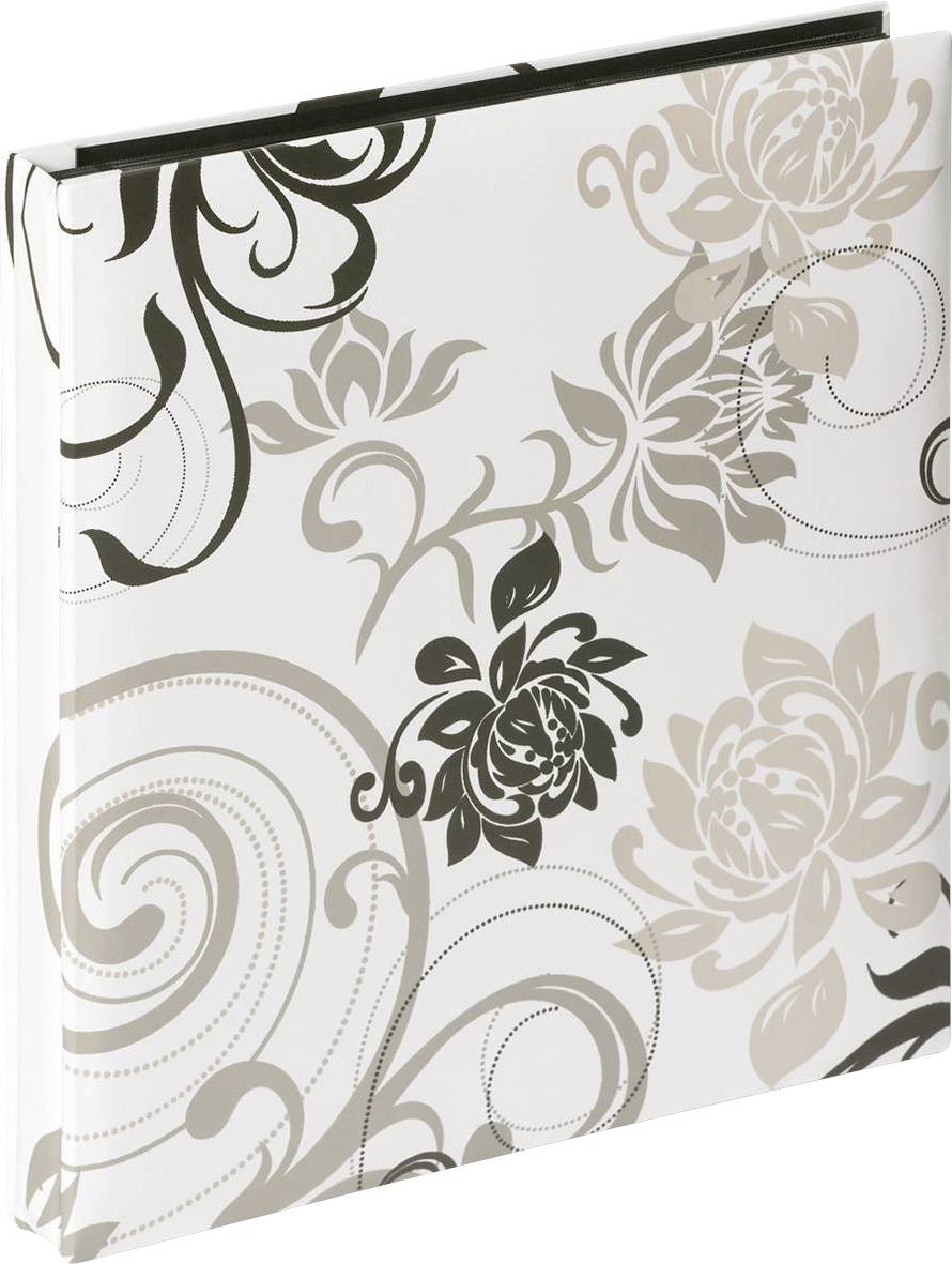 Ein quadratisches Notizbuch mit einem eleganten floralen Design in Schwarz, Grau und Beige auf weißem Hintergrund.