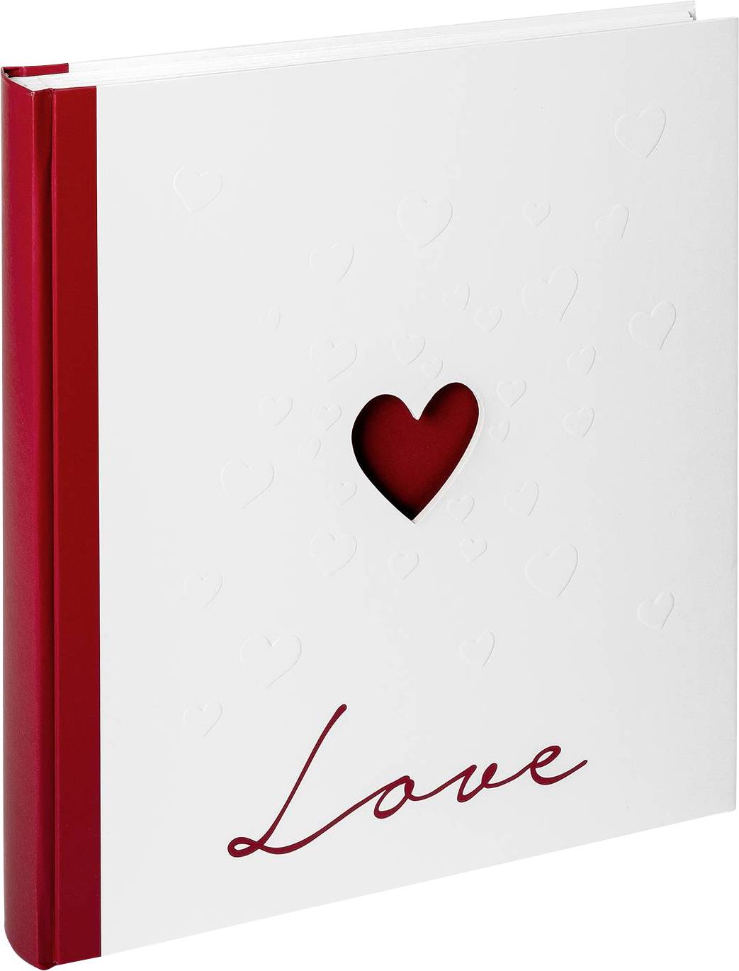 Weißes Fotoalbum mit rotem Herz in der Mitte und dem Wort 'Love' unten auf dem Cover. Roter Buchrücken.