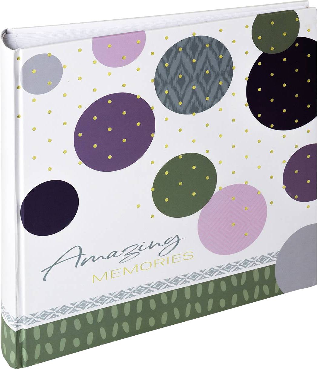 Ein Fotoalbum mit bunter Punktmuster-Gestaltung auf dem Umschlag und dem Text 'Amazing Memories'.