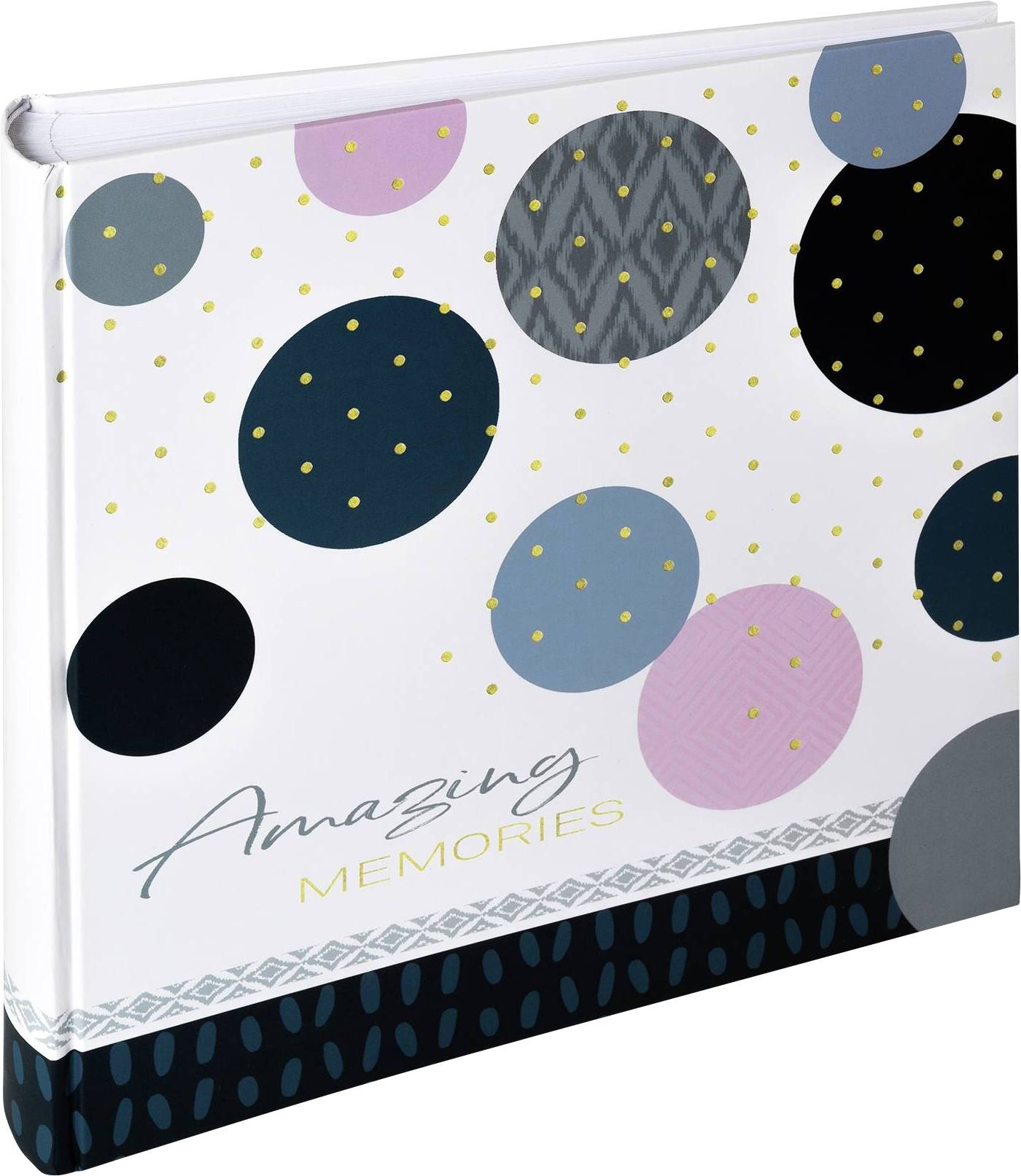 Fotoalbum mit weißem Einband, bunten geometrischen Kreisen und dem Text 'Amazing Memories'.