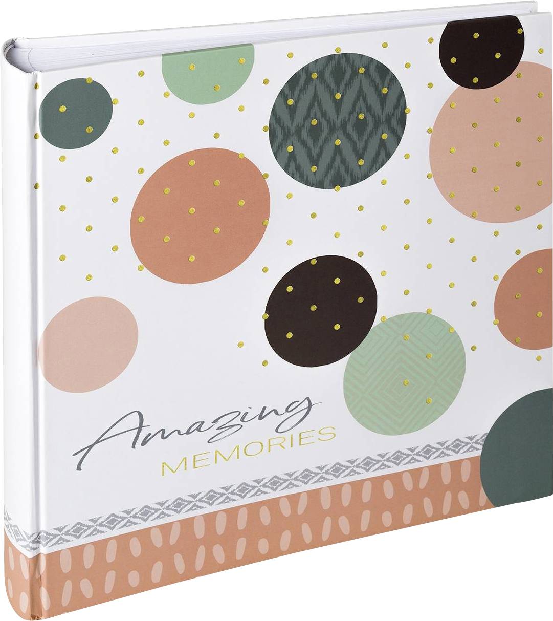Ein Fotoalbum mit dem Titel 'Amazing Memories'. Der Einband ist mit bunten, gepunkteten Kreisen gestaltet.