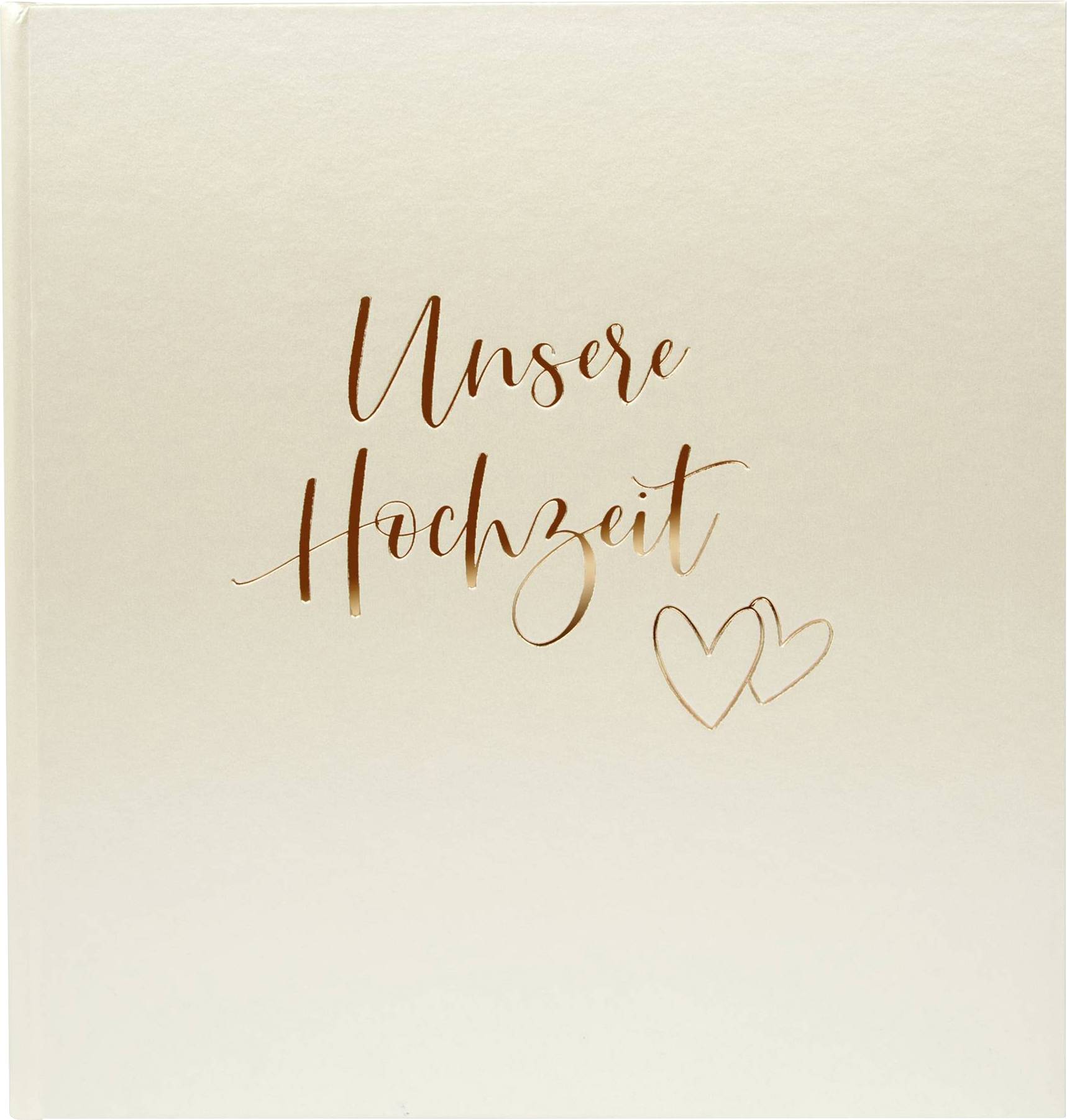 Ein cremefarbenes Fotoalbum mit der Aufschrift 'Unsere Hochzeit' in goldener Schrift und zwei gezeichneten Herzen darunter.