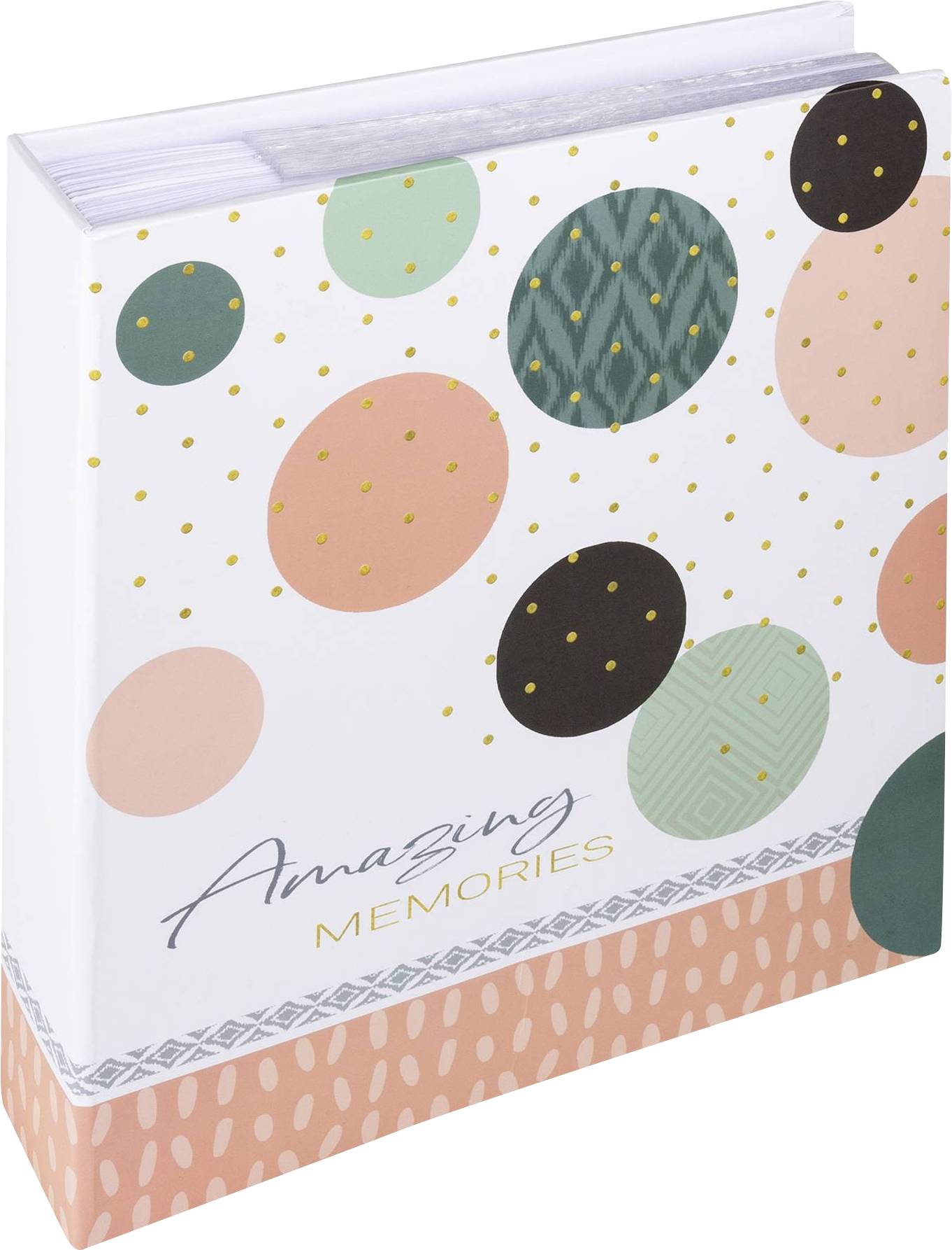 Fotoalbum mit bunten Punkten und dem Titel 'Amazing Memories' auf dem Cover, das für die Sammlung von Erinnerungen gestaltet ist.