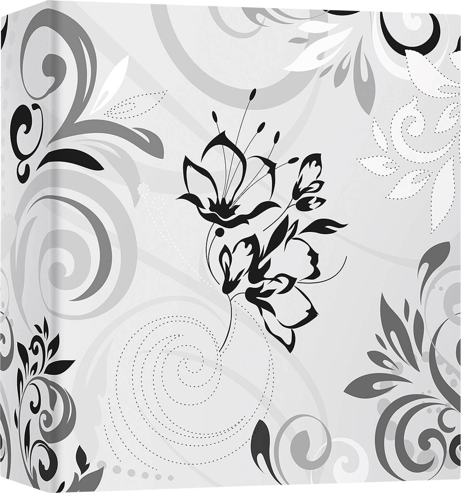 Schwarz-weiße florale Muster mit geschwungenen Linien und stilisierten Blumen auf grauem Hintergrund. Dekoratives Design.