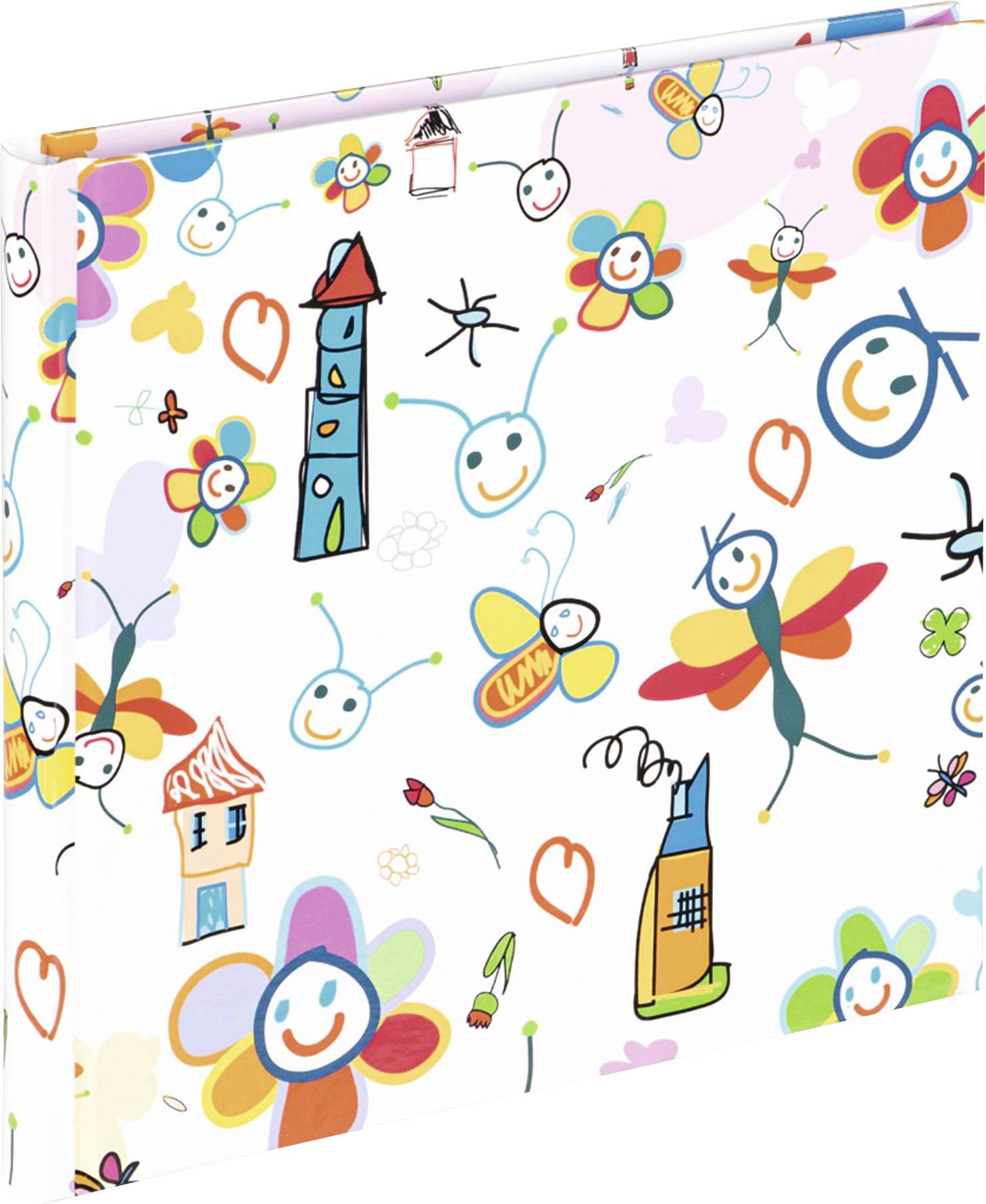 Buntes Buchcover mit fröhlichen Zeichnungen von Blumen, Schmetterlingen und menschlichen Gesichtern auf weißem Hintergrund.