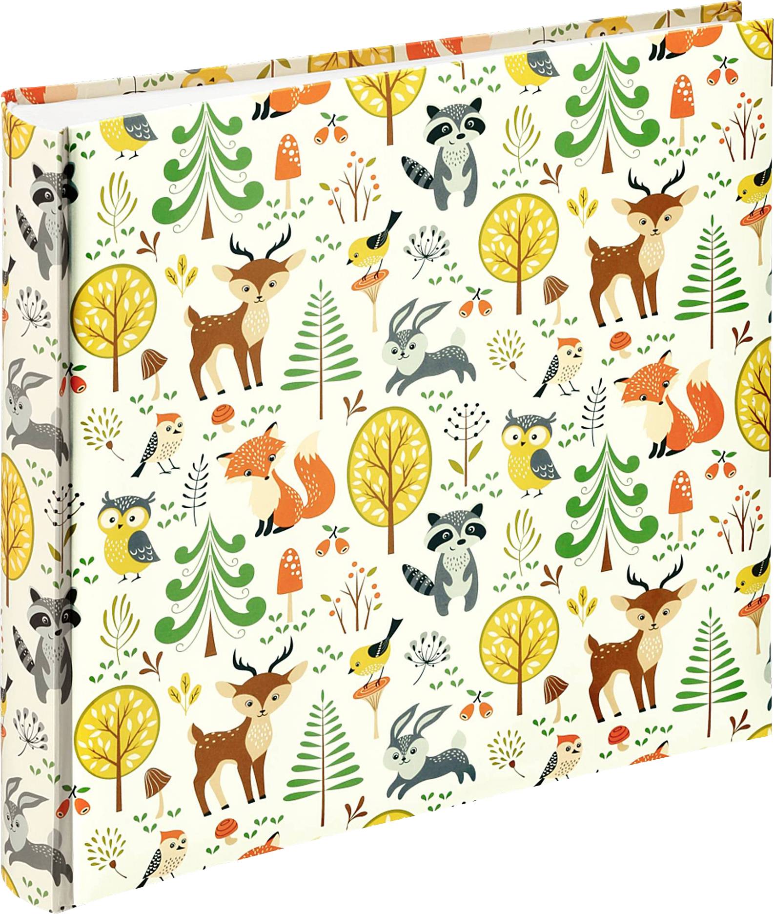 Ein farbenfrohes Muster mit Waldtieren wie Rehen, Füchsen, Eulen und Bäumen auf weißem Hintergrund.