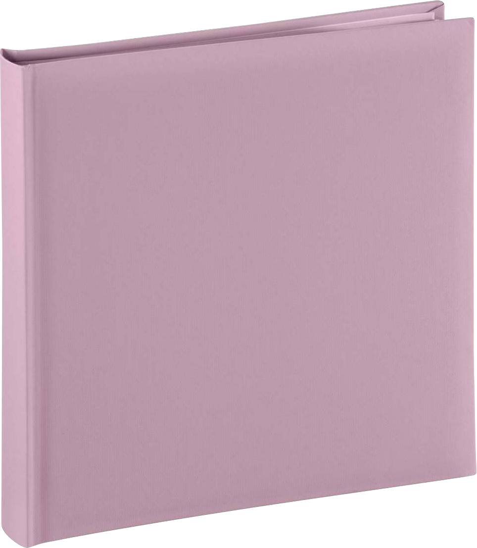 Ein rosa Fotoalbum mit festem Einband, geschlossen und stehend dargestellt. Es hat eine einfache, glatte Oberfläche.