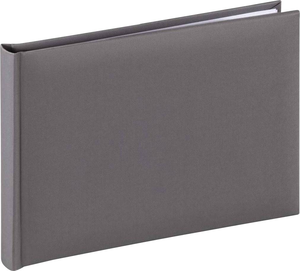 Graues Fotoalbum mit festem Einband in rechteckiger Form, geschlossen gezeigt. Ideal zur Archivierung von Fotos und Erinnerungen.